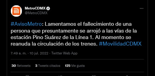 Momentos antes, el STC había informado sobre las labores de rescate por una persona que se había arrojado a las vías en la estación Pino Suárez (Foto: Twitter@@MetroCDMX)