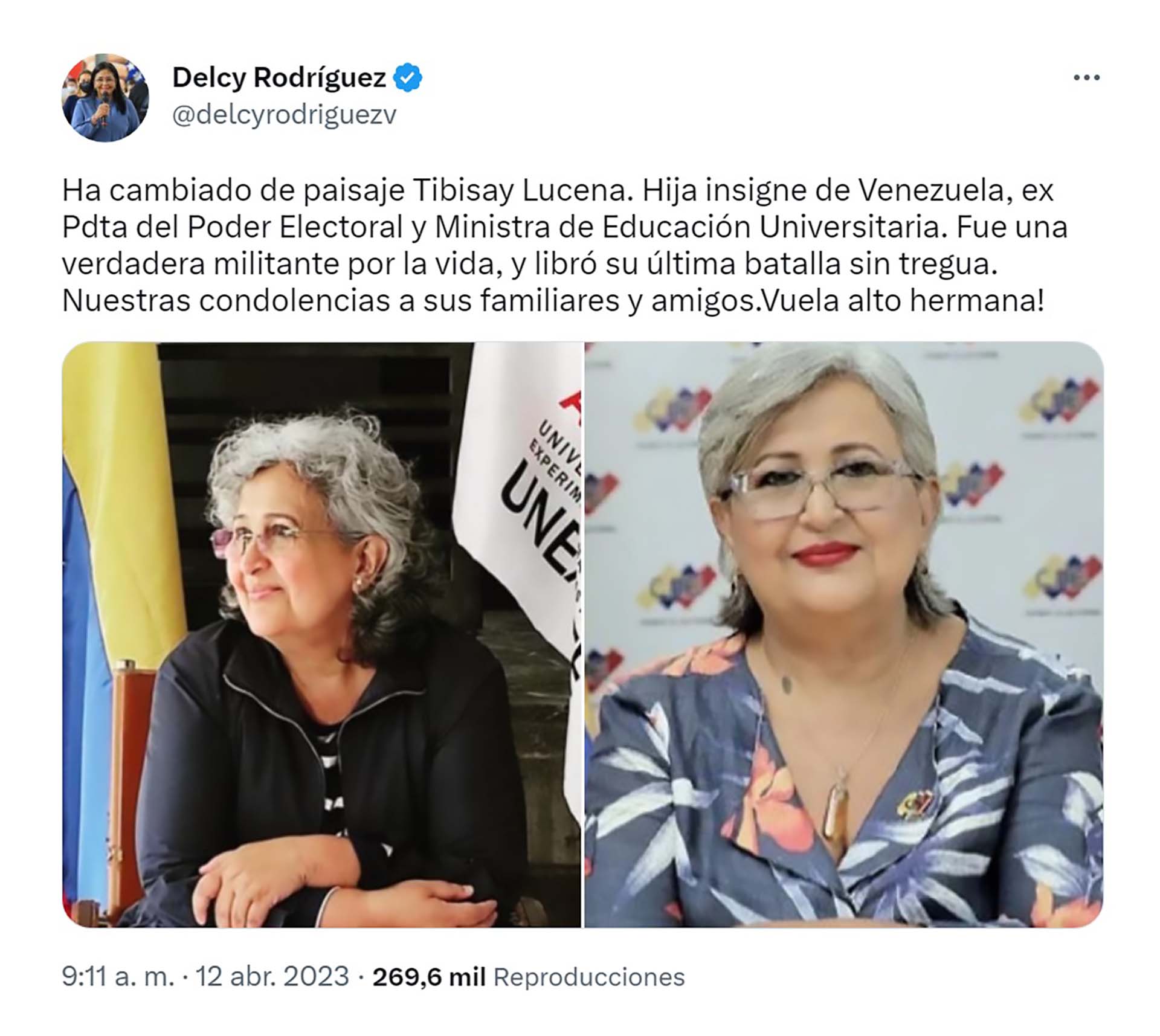 Delcy Rodríguez informó la muerte de Tibisay Lucena