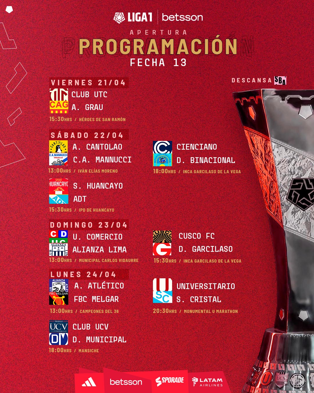 Programación de la fecha 13 del Torneo Apertura 2023. (Liga de Fútbol Profesional)