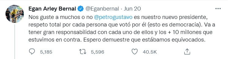 Trino de Egan Bernal en el que reconoce el triunfo de Gustavo Petro en las urnas. FOTO: Twitter.