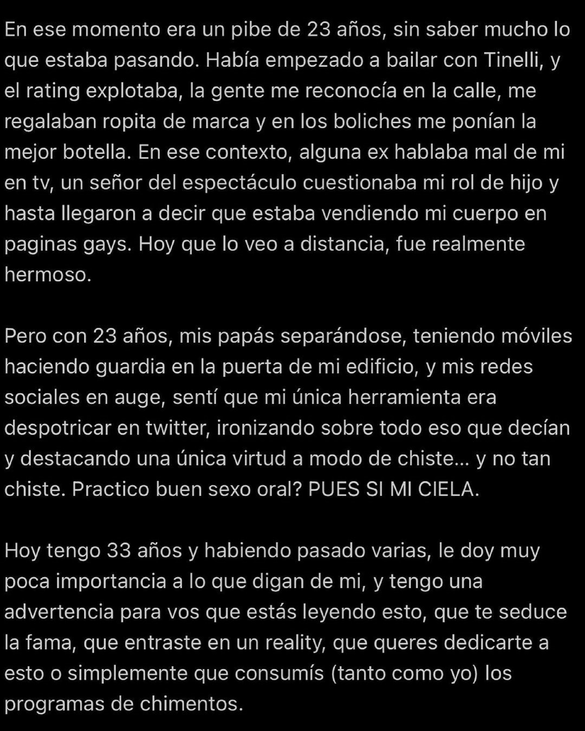 Captura del escrito que compartió Fede Bal en su cuenta de Instagram