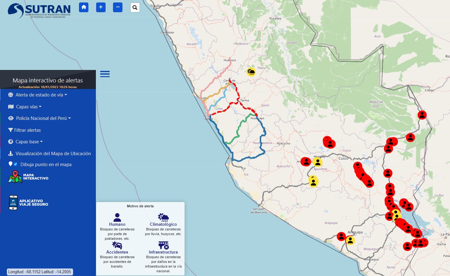 Mapa de carreteras y vías bloqueadas en Perú
