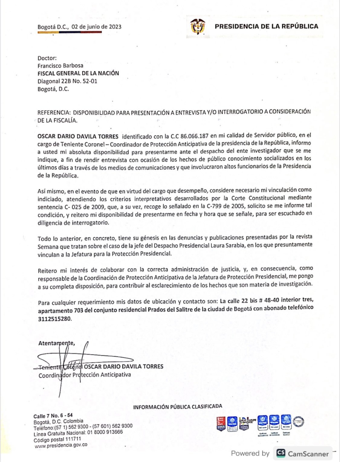 Carta del coronel Óscar Dávila, dirigida al fiscal general de la Nación.