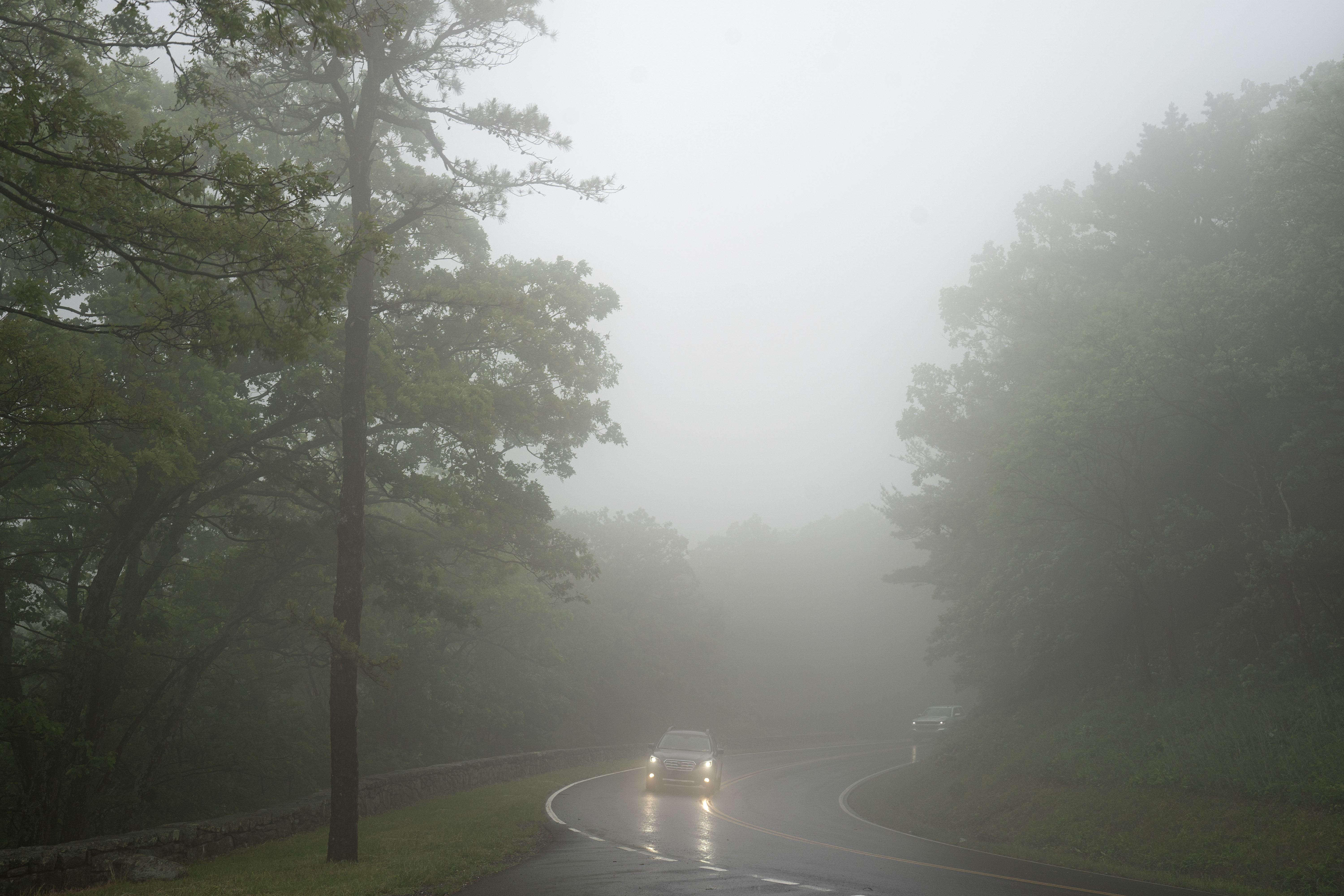 Un coche atraviesa el Parque Nacional de Shenandoah, en Virginia, cerca de Pinnacles Overlook el 7 de junio de 2022. En abril de 2021, Ty Sauer, de 18 años, corrió hacia el denso follaje de este parque de montaña. Fue descubierto muerto días después (The Washington Post)
