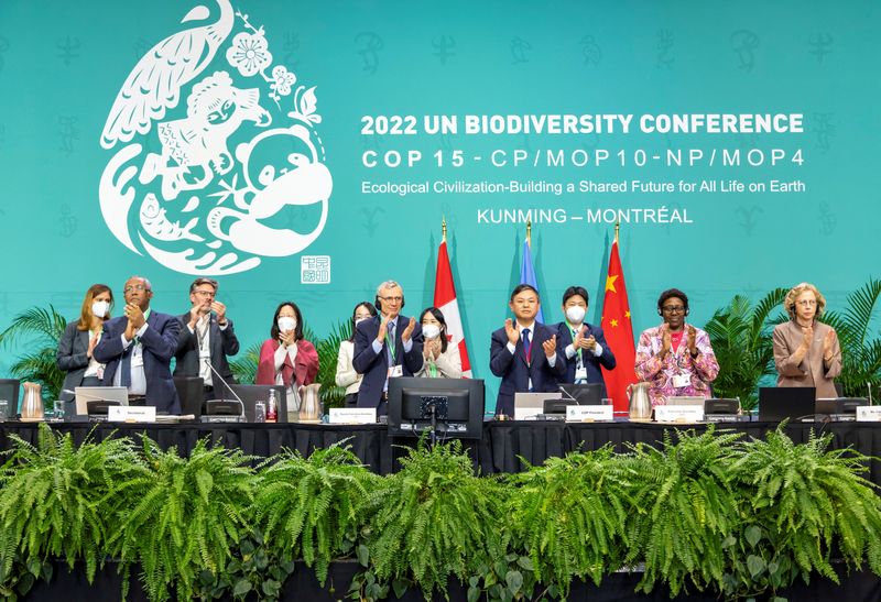 Tras aprobar el Acuerdo de Kunming-Montreal, los líderes de la conferencia sobre biodiversidad COP15 aplauden.  19 de diciembre de 2022. Julian Haber/UN Biodiversity/Handout vía REUTERS