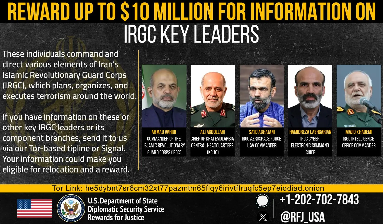 Estados Unidos ofrece una recompensa de USD 10 millones por informaci&oacute;n sobre los principales l&iacute;deres militares iran&iacute;es