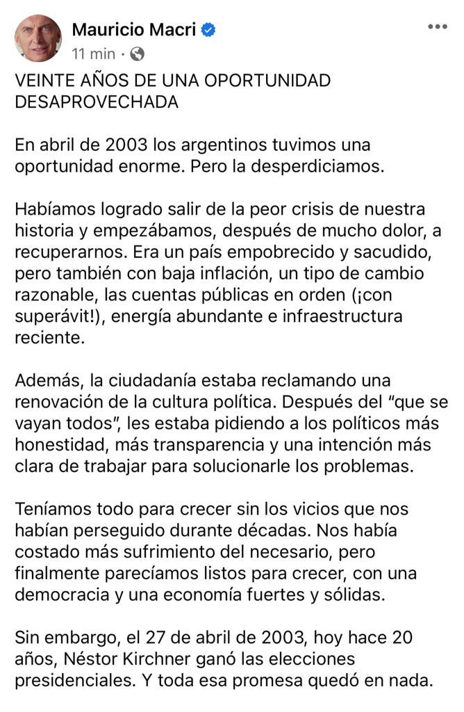 La carta de Mauricio Macri al cumplirse 20 años de la llegada del kirchnerismo al poder