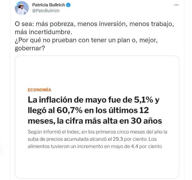 El tuit de Patricia Bullrich con el que cuestionó el dato de inflación