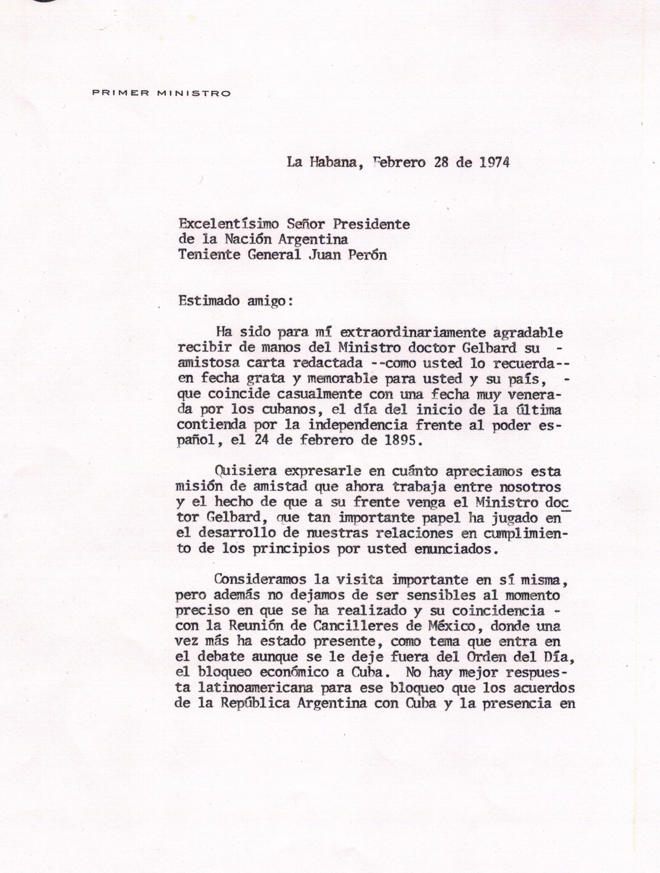 Carta de Fidel Castro a Perón