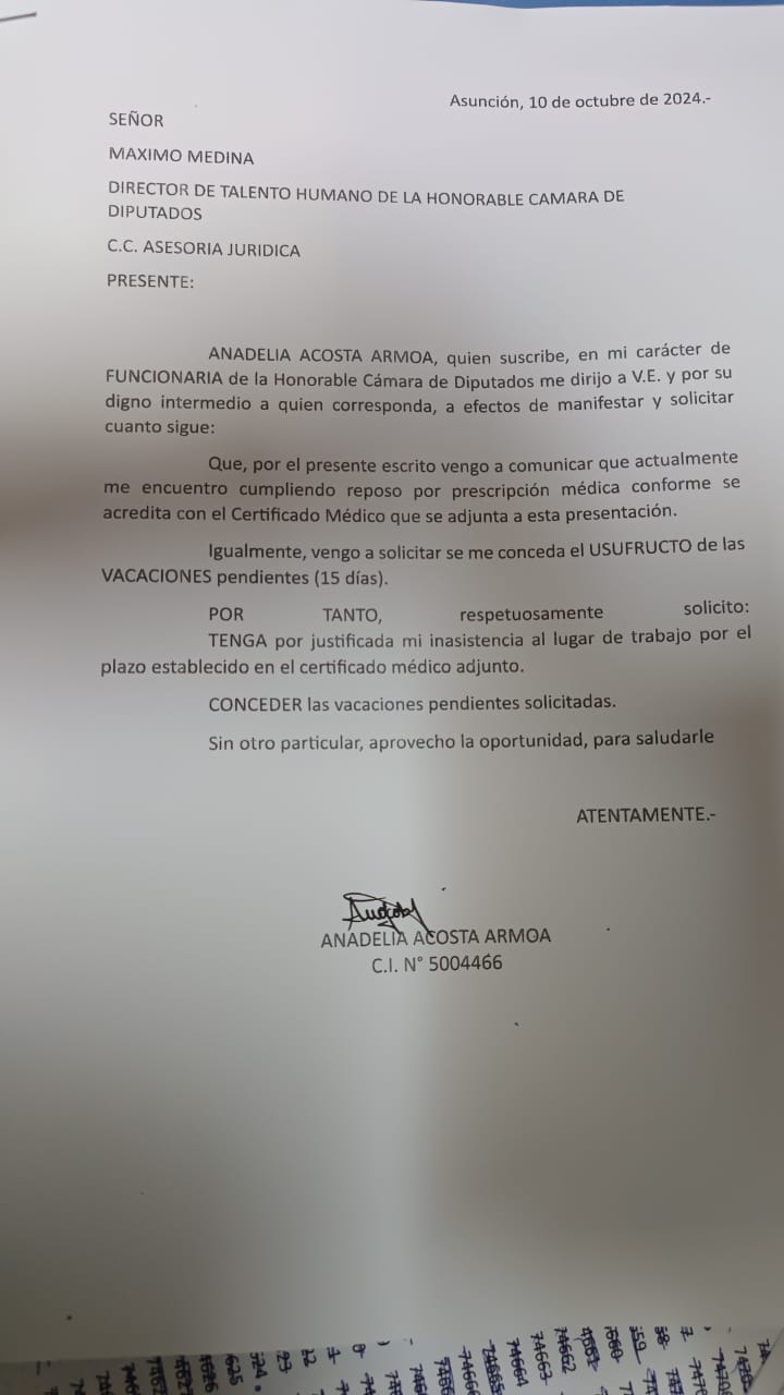 Nota presentada por la funcionaria a la dirección de RR.HH. Foto: Gentileza
