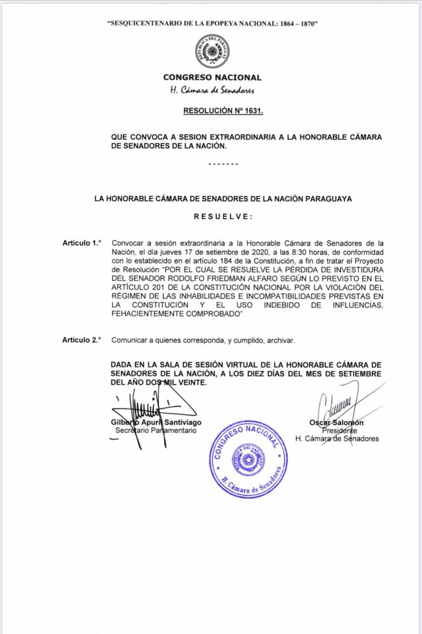 Convocatoria del Senado para el estudio de la pérdida de investidura de Rodolfo Friedmann. Foto: Gentileza.