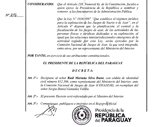 Nombramiento de Silva como representante del Ministerio del Interior<br />
ante la Conajzar.