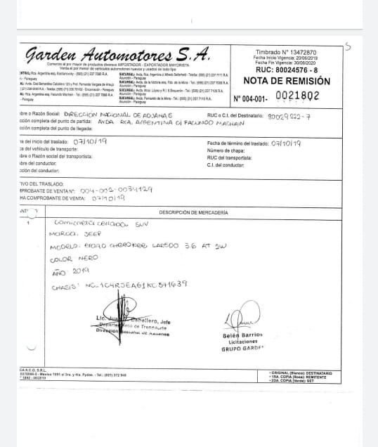 Factura de la compra de la lujosa camioneta. Foto: Gentileza.