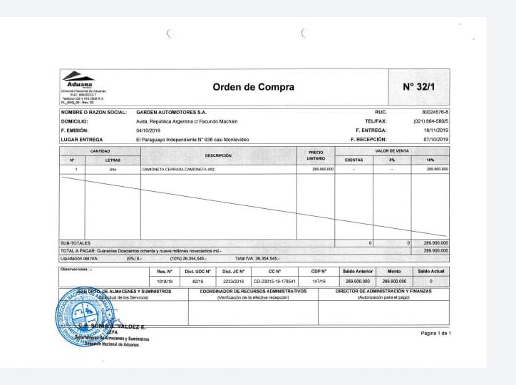 Orden de compra de la lujosa camioneta. Foto: Gentileza.