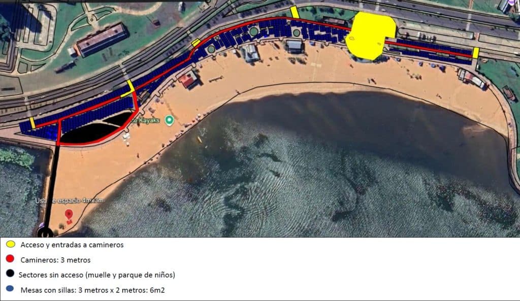 Plano del sector habilitado para mesas en Playa San José, con áreas que permanecerán librespara circulación.