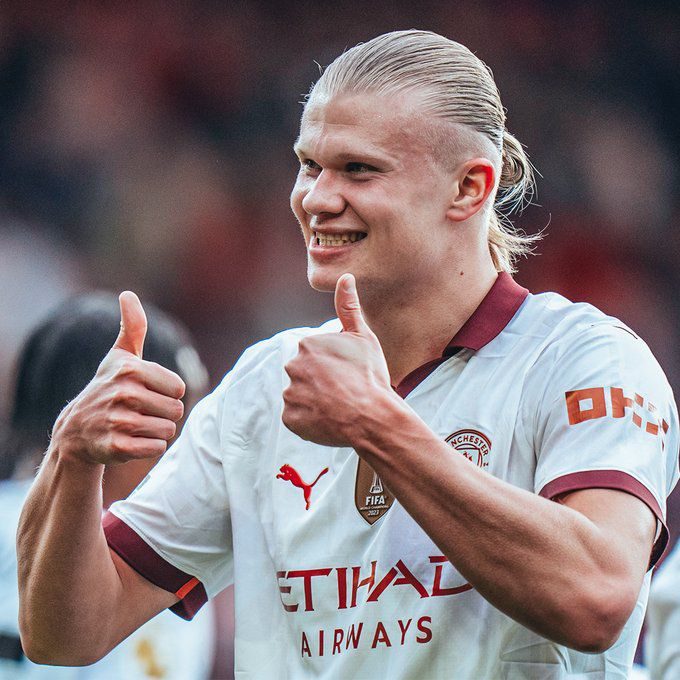El goleador Erling Haaland festejando su gol.Foto: Manchester City