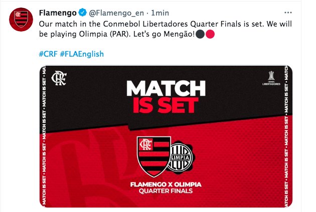 El Flamengo ya anunció en sus redes sociales oficiales que su próximo rival será Olimpia.