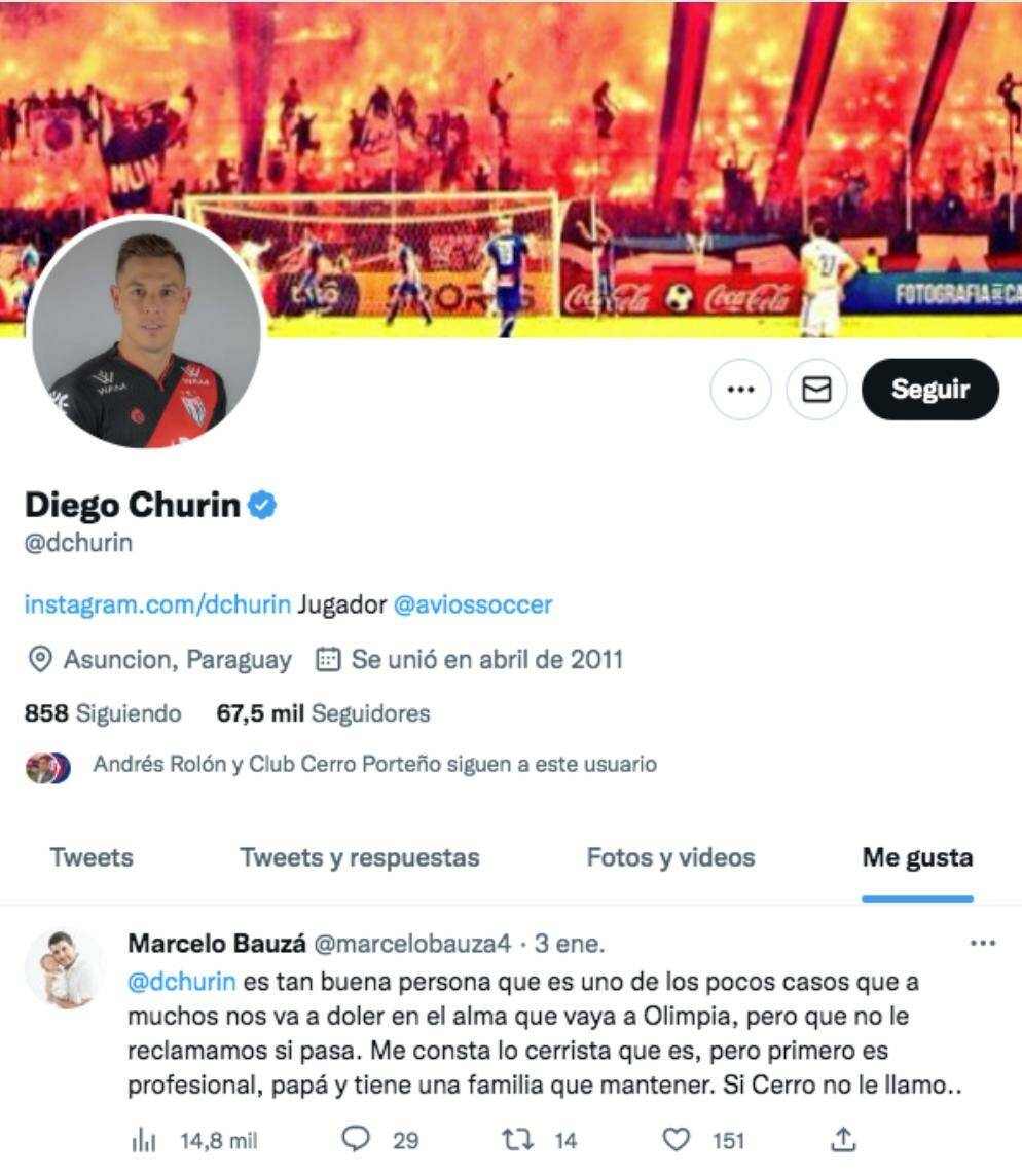 El comentario que ligó el "me gusta" de Diego Churín. El jugador tiene como su portada a la hinchada de Cerro Porteño. (Foto: Captura)