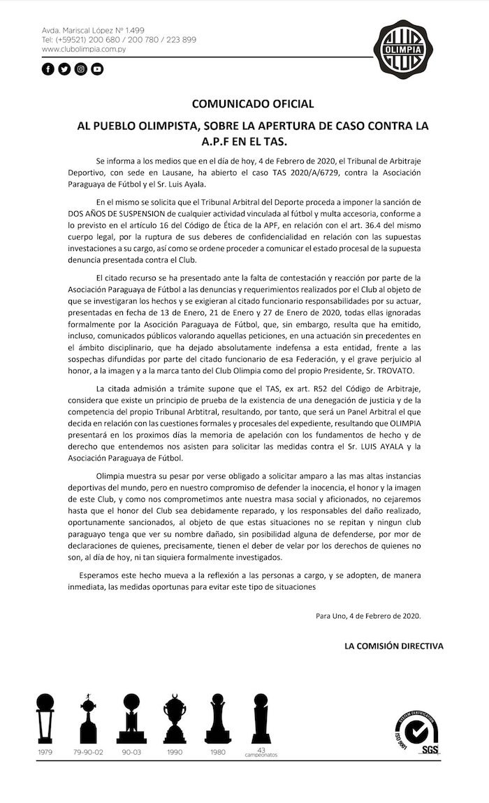 El comunicado de Olimpia.