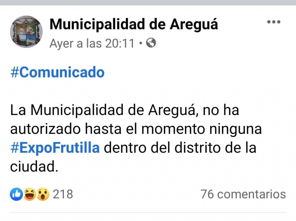 El comunicado que se hizo desde la cuenta oficial de la Municipalidad de Areguá.