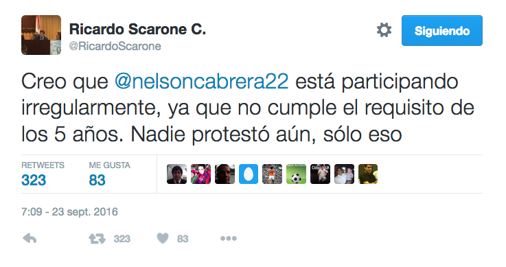 LA RAZÓN. Este tuit del abogado Ricardo Scarone sirvió para que los chilenos “despertaran” y hagan su reclamo a FIFA.