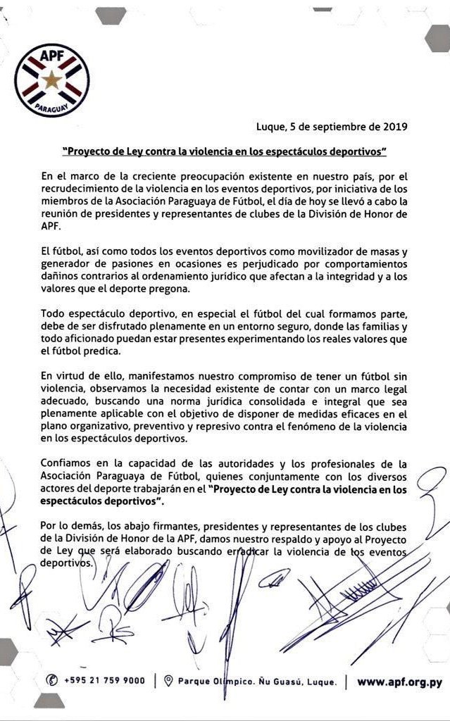 La nota firmada por todos los representantes de los clubes.
