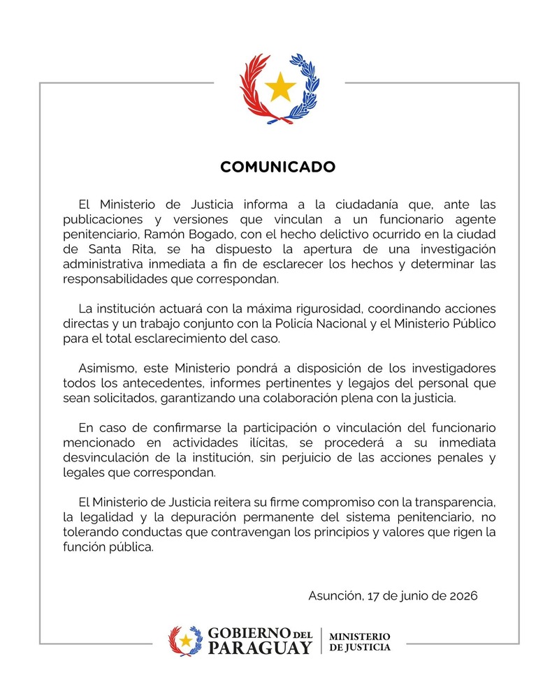 Ministerio de Justicia abre investigación a funcionario involucrado en el asalto en Santa Rita. Foto: Ministerio de Justicia.