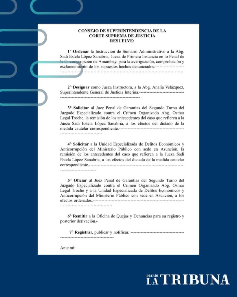 La Corte Suprema de Justicia ordenó la apertura de un sumario administrativo para la jueza Sadi López.