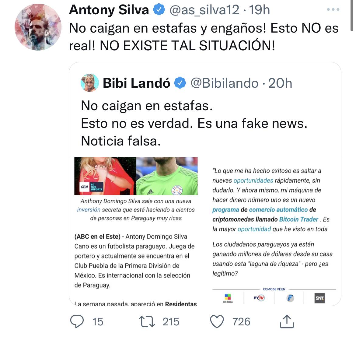 Lo que me escribieron Bibi y Antony, alertando a sus seguidores del Twitter.