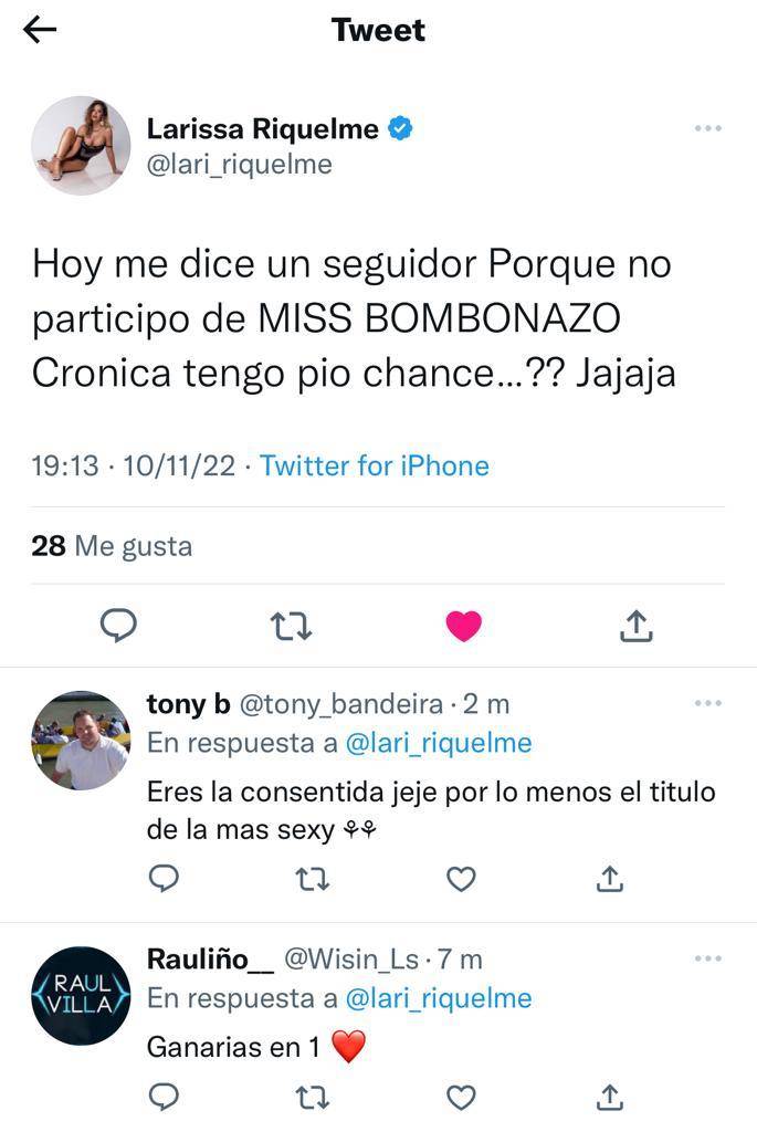 La publicación de Larissa Riquelme en Twitter.