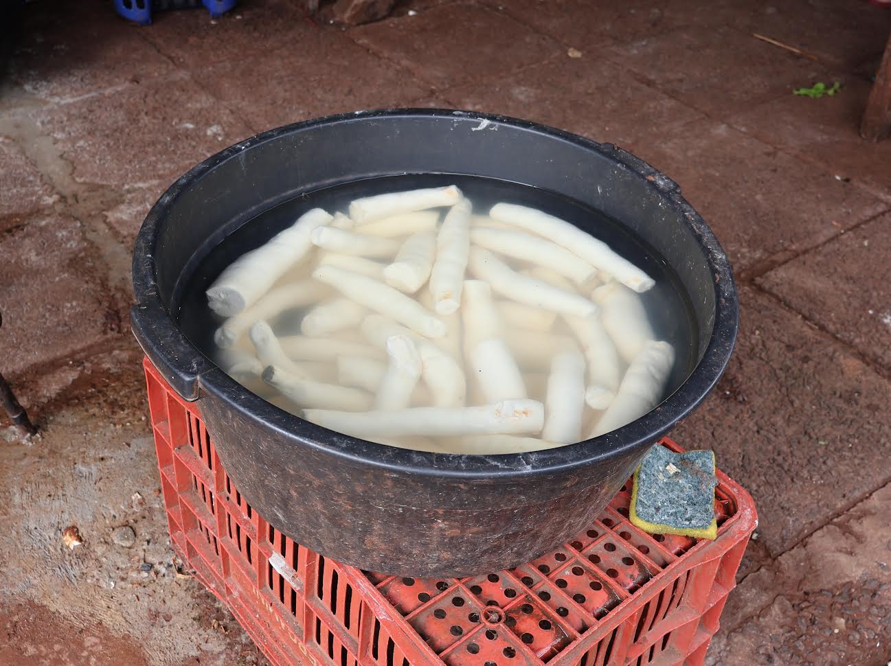 Venta de mandioca pelada en la Feria Municipal de Encarnación, producto clave en la economía de numerosas familias rurales.