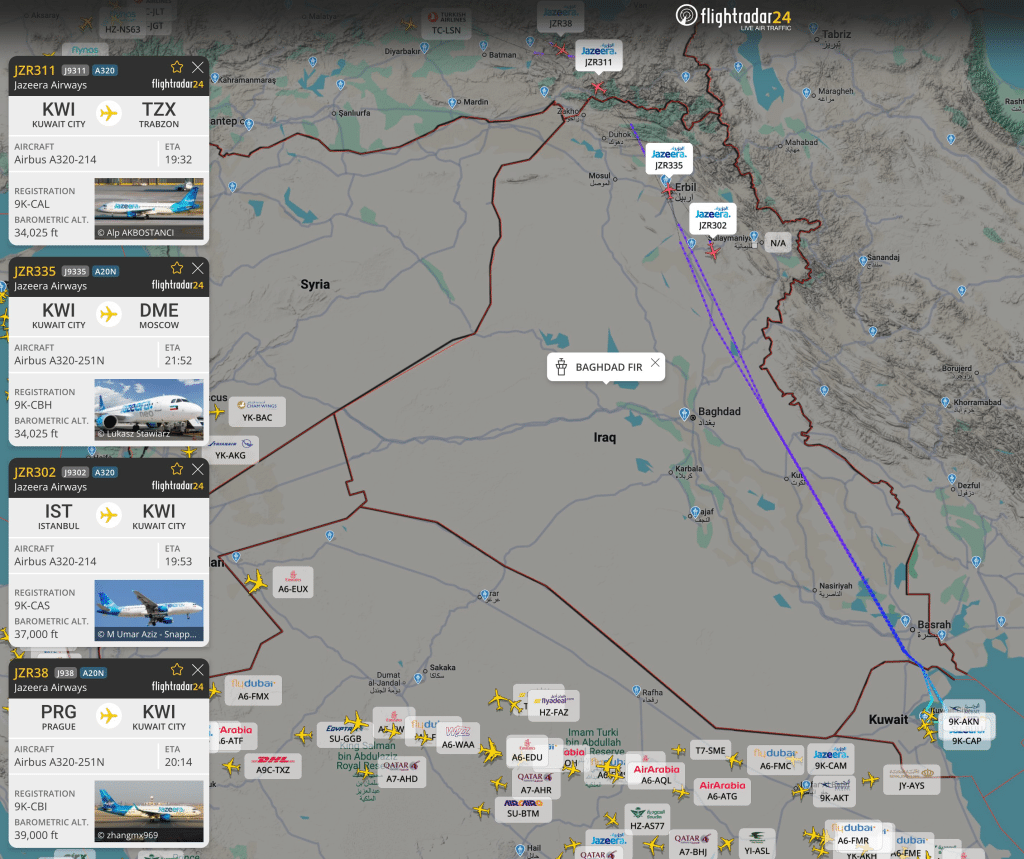Mapa de FlightRadar24 del espacio aéreo de Irak