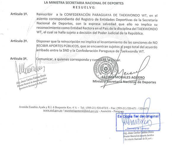 La resolución que reconoce a la Confederación Paraguaya de Taekwondo WT como entidad deportiva. CAPTURA DE PANTALLA