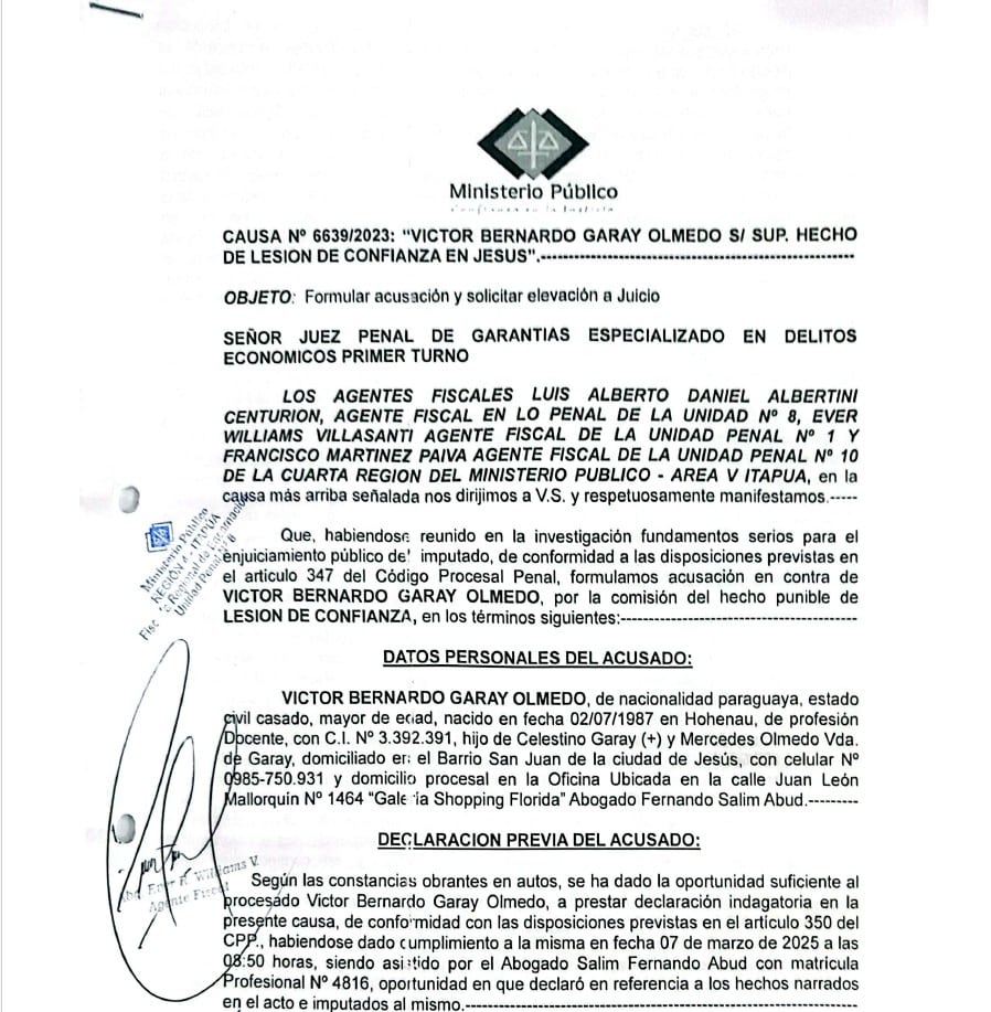 El intendente municipal de Jesús, Víctor Garay Olmedo, está acusado de lesión de confianza.