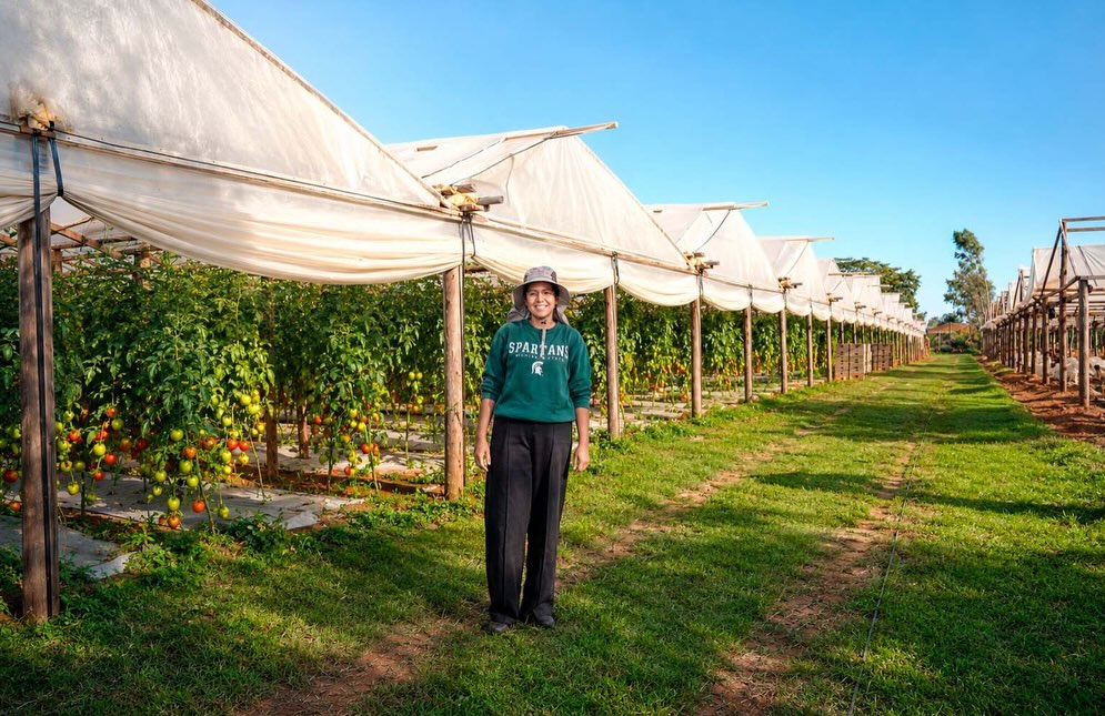 Cecilia Rivarola frente a sus instalaciones en la compañía San Antonio. Lo que en 2020 comenzó con tres estructuras, hoy es un complejo de treinta invernaderos en constante expansión.