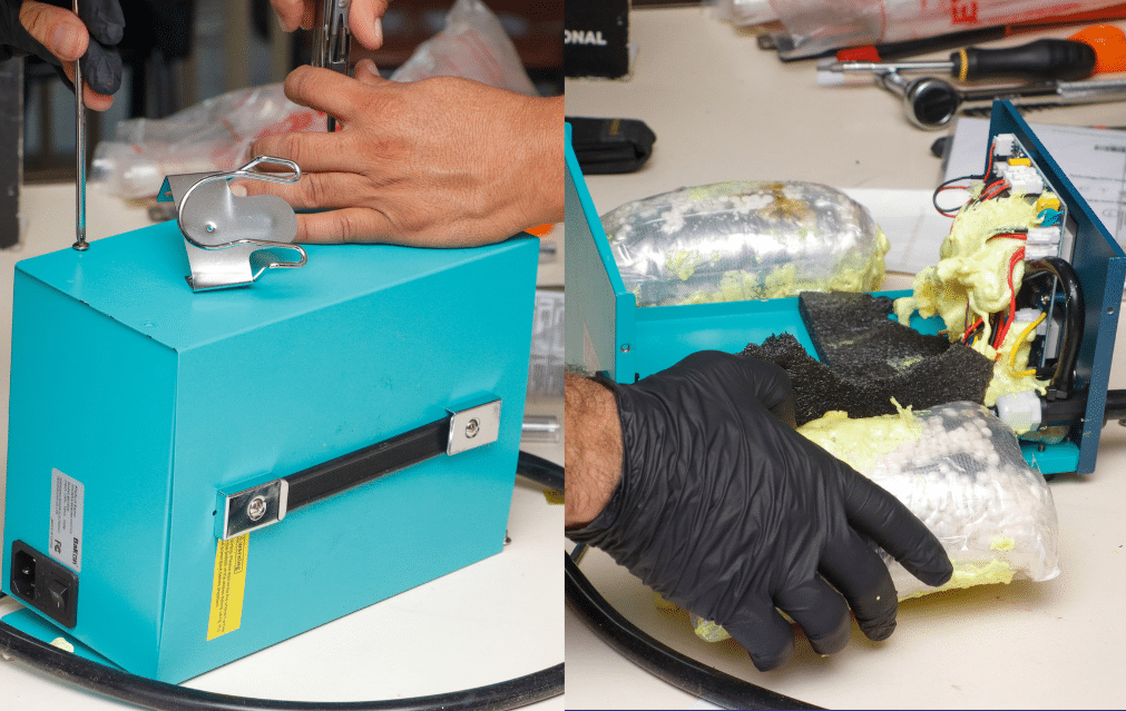 El sexto paquete ocultaba1 kilo 258 gramosde la droga dentro de unamáquinadesoldar.