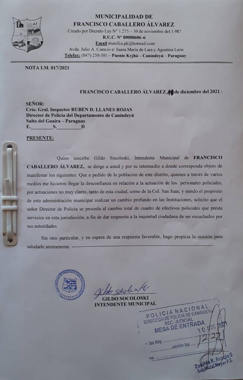 Mediante nota municipal, el Intendente pidió el "sigapy" de efectivos policiales. GENTILEZA