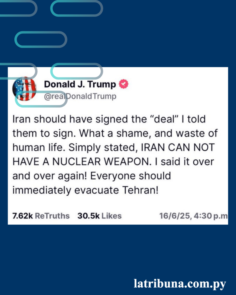 Trumplanzó unaadvertenciacontundente desde la Cumbre delG7: ”¡Todos deberían evacuar Teherán de inmediato!”.