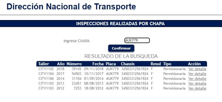 Registro de DINATRAN de las inspecciones hechas al camión ladrillero accidentado. La última data de 2018. El vehículo tiene más de 40 años de uso.