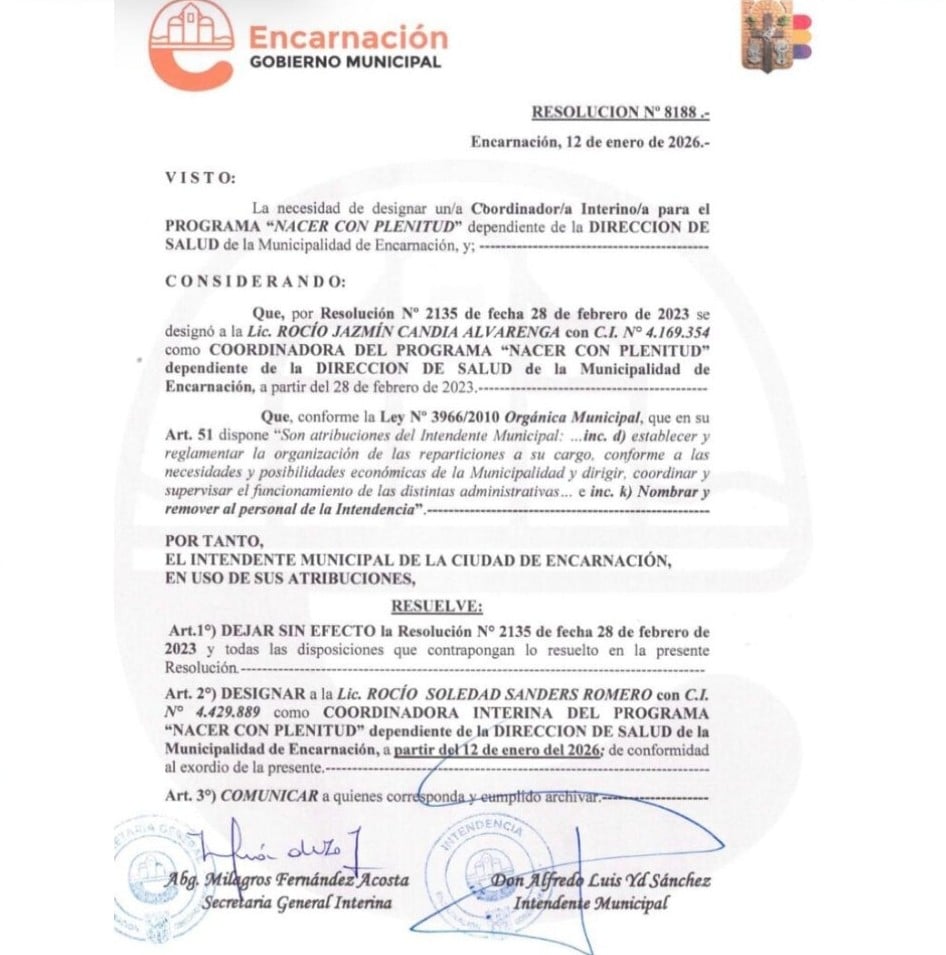Resolución municipal que dispone el reemplazo de Rocío Jazmín Candia Alvarenga como coordinadora del programa municipal “Nacer con plenitud”.