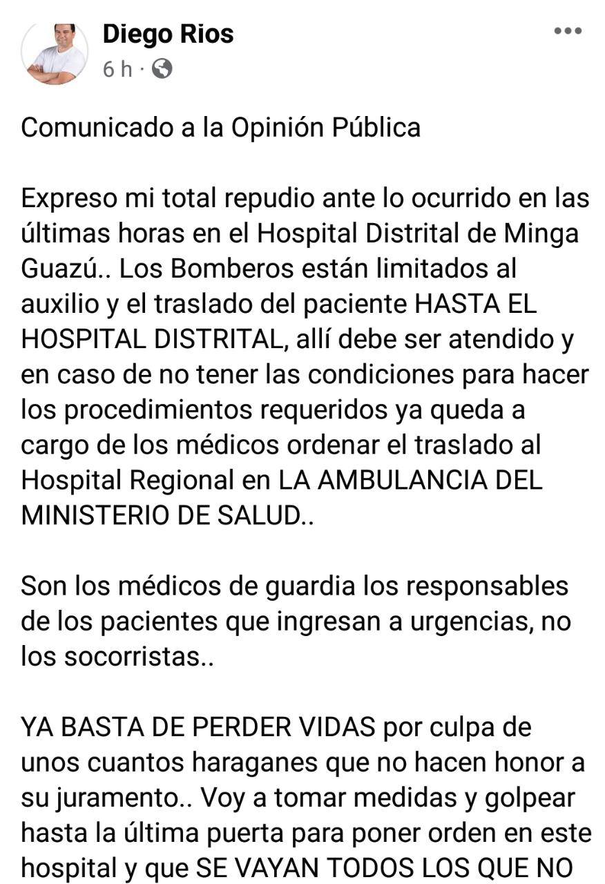 El comunicado hecho por el intendente de Minga Guazú.