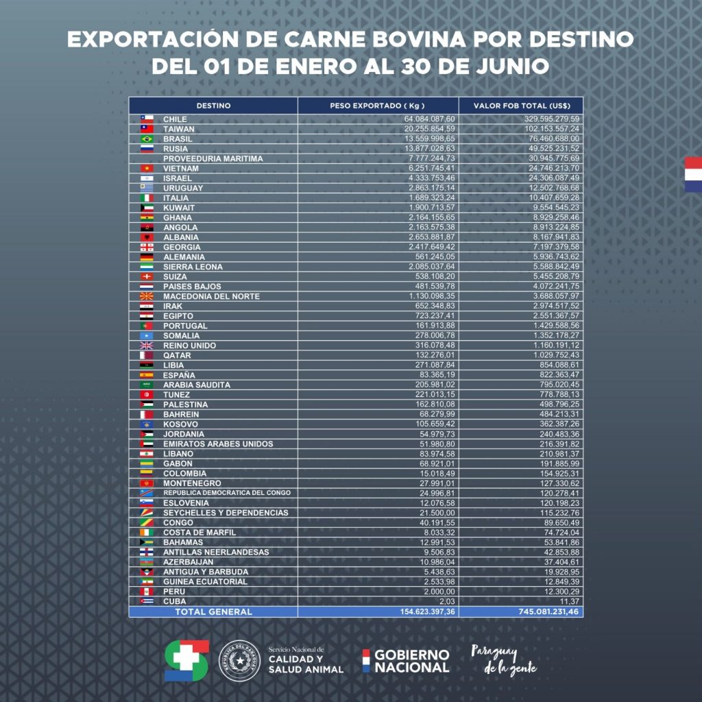 Principales 50 destinos de la carne paraguaya en lo que va de enero a junio, según el Senacsa.