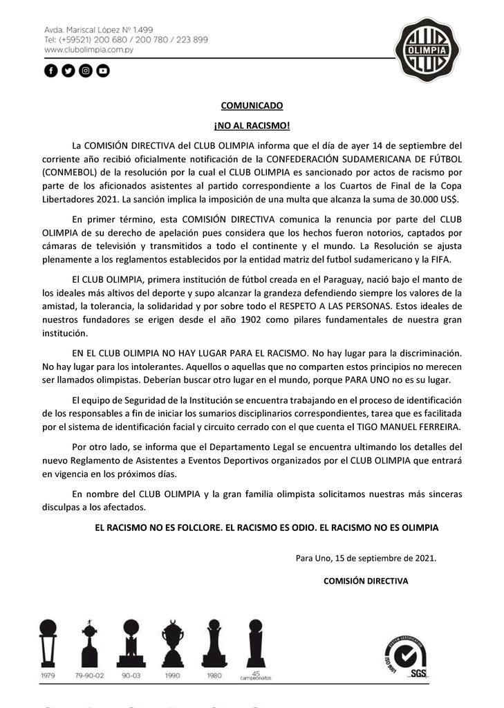El comunicado del club repudiando lo ocurrido en el chute copero ante Flamengo.