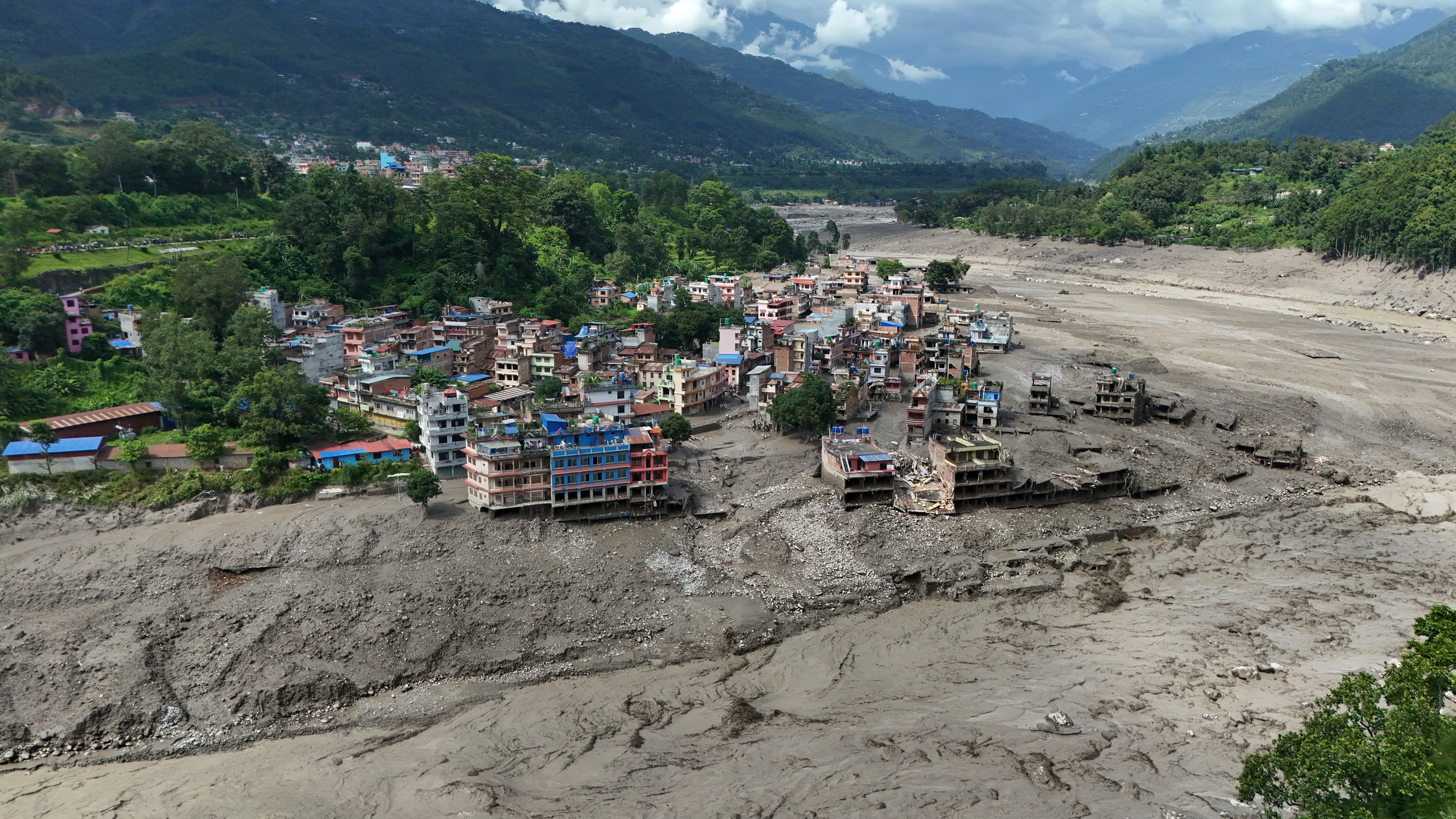 Zona de Trishuli Bazar, Nepal, devastada por la riada y deslave en simultáneo ocurridos en la mañana del miércoles pasado.