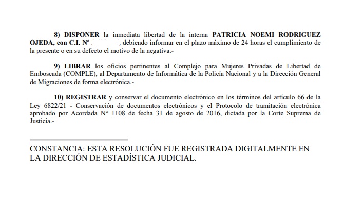 Parte de la resolución emitida por la jueza de ejecución. Foto: Facsimil