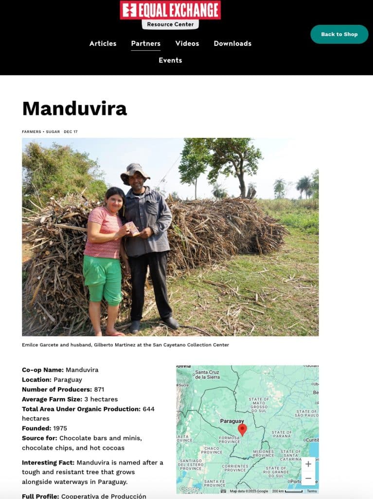 Captura de pantalla de la página web de la cooperativa estadounidense Equal Exchange donde informa detalles de la Cooperativa Manduvirá como una de sus proveedoras.