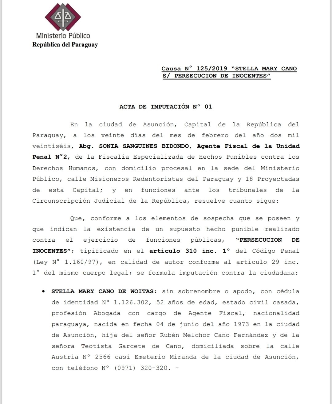 Facsímil de la imputación presentada por la fiscala Sonia Sanguinés contra su colega Stella Mary Cano.