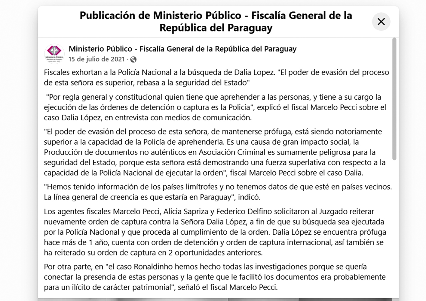 Facsímil: Un informe del Ministerio Público sobre declaraciones del exfiscal Marcelo Pecci sobre Dalia López, a un año de estar prófuga.