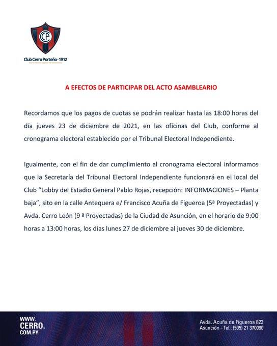 El comunicado de Cerro informando sobre algunos detalles de la asamblea.