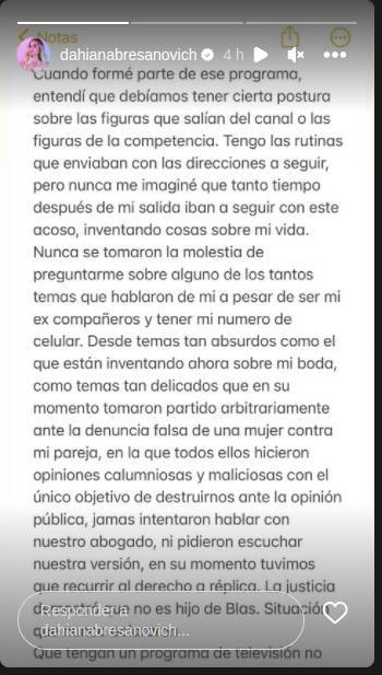 Una parte del posteo de Dahiana Bresanovich.